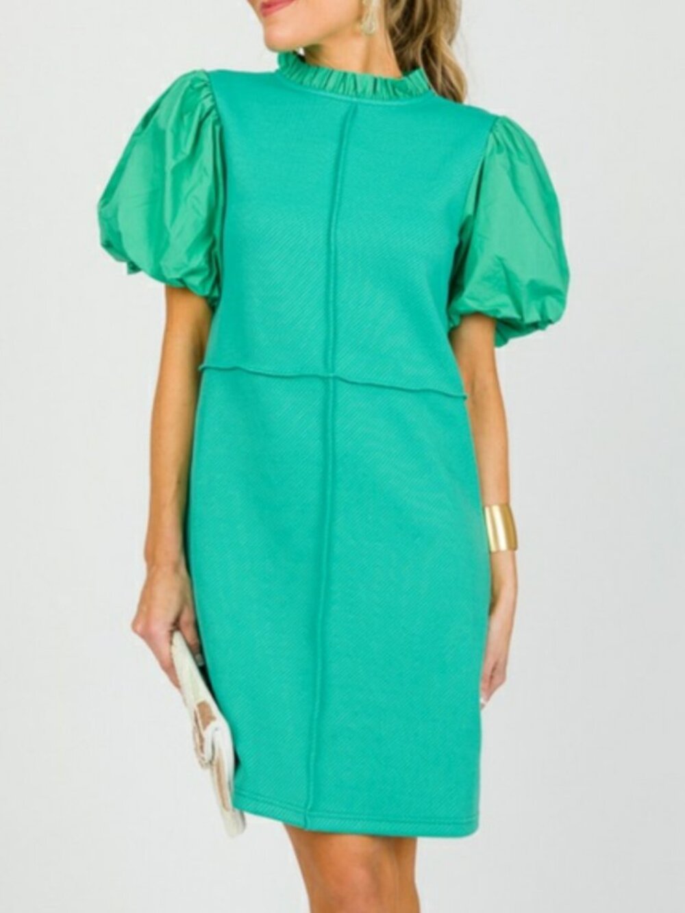 THML Green Textured Frilled Neck Puff Sleeves Dress Medium